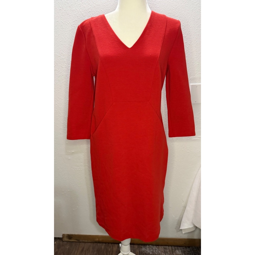 Boden Red Ottoman Rib Knit V-Neck Sheath Dress 3/4 Sleeve Pockets US 8L UK 12L